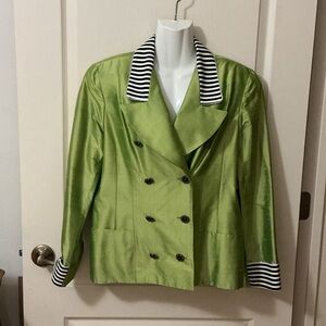 Elegant Lime Double-Breasted Blazer by Criscione of NY with Striped Accents med